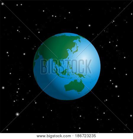 Globe with Australia, Asia, India, Russia, China, Japan, Indonesia, Indian Ocean and Pacific - planet earth in cosmic space on starry night black background.