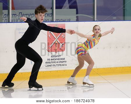 ST. PETERSBURG, RUSSIA - APRIL 18, 2017: Figure skating competitions on prix of St. Petersburg Federation of Figure Skating. 150 athletes from 6 regions of Russia take part in the competitions