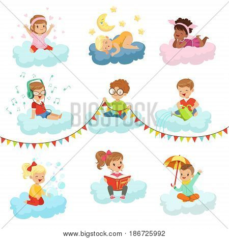 Lovely little boys and girls sitting on a clouds playing toys, listening music, reading book, sleeping, dreaming colorful characters vector Illustrations isolated on a white background