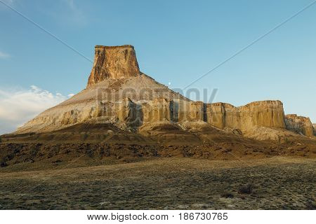 Rock of fantastic shape, reminiscent of the pyramid in the dawn, Bosjira canyon, Kazakhstan