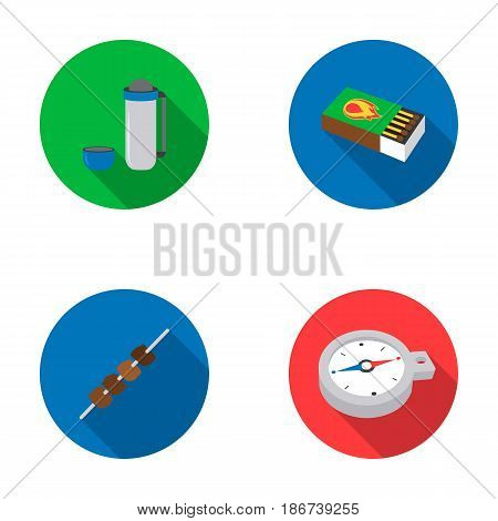 Thermos, matches, compass, shish kebab.Camping set collection icons in flat style vector symbol stock illustration .