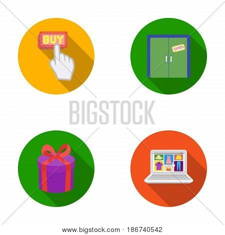 Hand, click, elevator, gift, box, door, online store and other equipment. E commerce set collection icons in flat style vector symbol stock illustration .