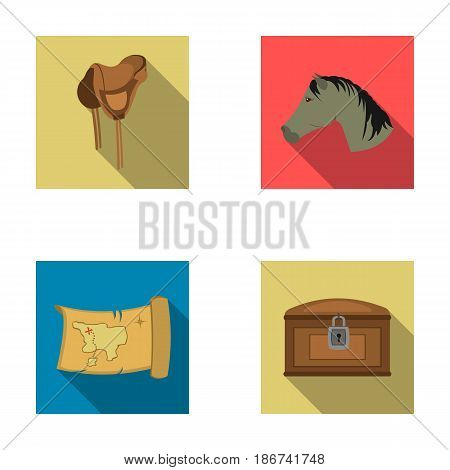 Head of a horse, a saddle, a treasure map, a chest.Wild west set collection icons in flat style vector symbol stock illustration .