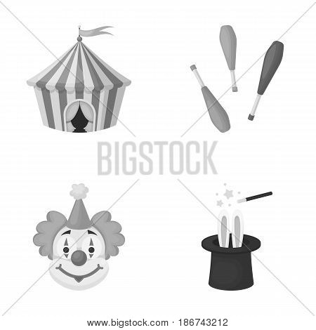 Circus tent, juggler maces, clown, magician's hat.Circus set collection icons in monochrome style vector symbol stock illustration .