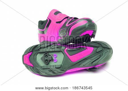 Mountain bike cycling shoes in pink color isolated