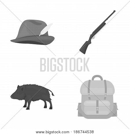 A hunting hat with a feather, a wild boar, a rifle, a backpack with things..Hunting set collection icons in monochrome style vector symbol stock illustration .