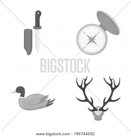 Knife with a cover, a duck, a deer horn, a compass with a lid..Hunting set collection icons in monochrome style vector symbol stock illustration .