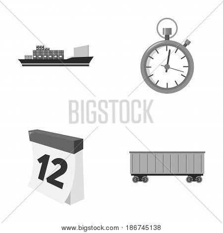 Cargo ship, stop watch, calendar, railway car.Logistic, set collection icons in monochrome style vector symbol stock illustration .