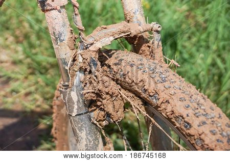 Mud stuck in v-break of a mountain bike / Cycling in wet and muddy condition concept