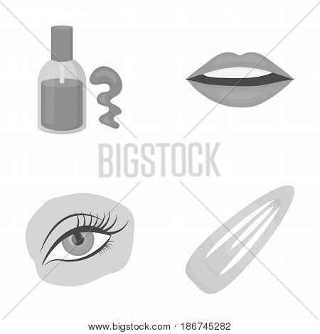 Nail polish, tinted eyelashes, lips with lipstick, hair clip.Makeup set collection icons in monochrome style vector symbol stock illustration .