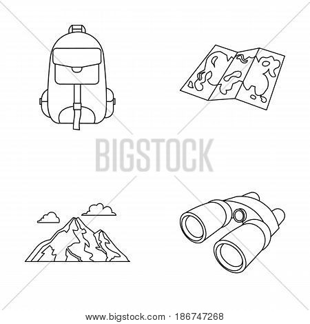 Backpack, mountains, map of the area, binoculars. Camping set collection icons in outline style vector symbol stock illustration .