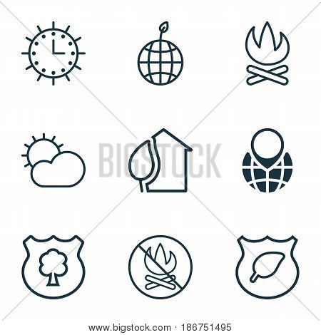 Set Of 9 Ecology Icons. Includes Guard Tree, Sun Clock, Pin Earth And Other Symbols. Beautiful Design Elements.