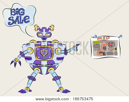 Robot android talks about big discounts on the map