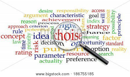 The concept of the right choice. Magnifying glass on sheet with terms different colors