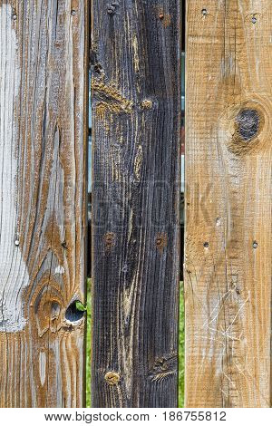 Vertical three multi-colored weathered wooden boards fence background
