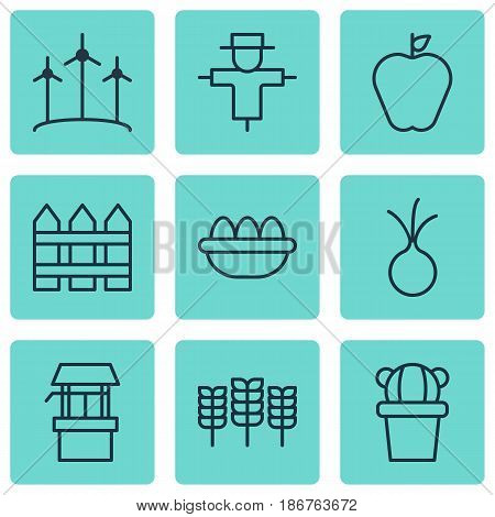 Set Of 9 Garden Icons. Includes Barrier, Windmill, Bugbear And Other Symbols. Beautiful Design Elements.