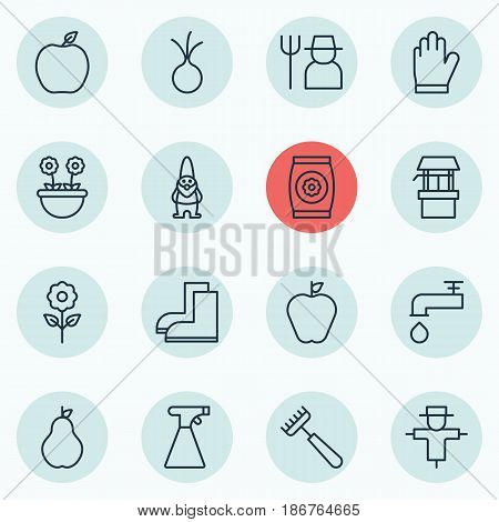 Set Of 16 Plant Icons. Includes Protection Mitt, Bugbear, Garlic And Other Symbols. Beautiful Design Elements.