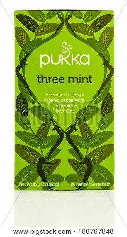 Winneconne WI - 7 May 2017: A box of Three mint tea by Pukka on an isolated background.