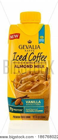 Winneconne WI - 7 May 2017: A bottle of Gevalia kaffe iced coffe with almond milk in vanilla flavor on an isolated background.