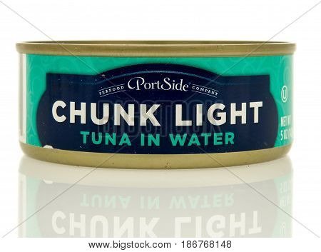 Winneconne WI - 15 May 2017: A can of Portside chunk light tuna in water on an isolated background.