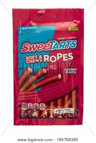 Winneconne WI - 15 May 2017: A package of Sweetarts rope candy on an isolated background.