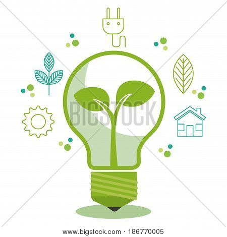 Green light bulb with crop and hand drawn eco friendly objects oer white background.Vector illustration.