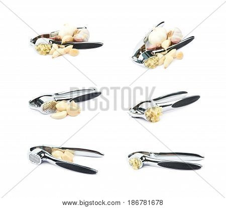 Metal garlic press utensil next to a pile of fresh cloves isolated over the white background, set of six different foreshortenings