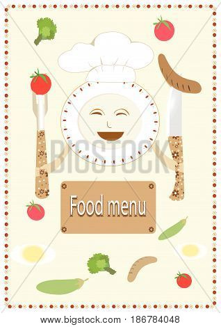 Food card knife fork and vegetables fruits as a background component.
