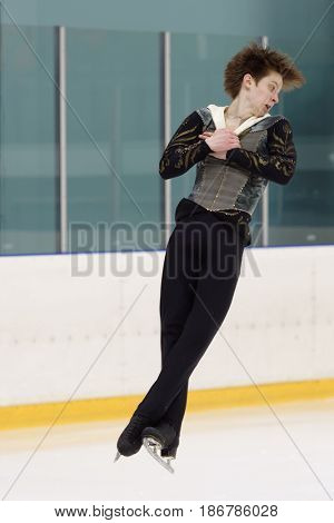 ST. PETERSBURG, RUSSIA - APRIL 21, 2017: Men's single figure skating competitions on prix of SPb Federation of Figure Skating. 150 athletes from 6 regions of Russia take part in the competitions
