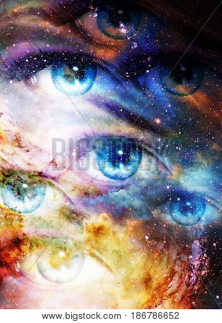 Woman eyes in cosmic background. Painting and graphic design