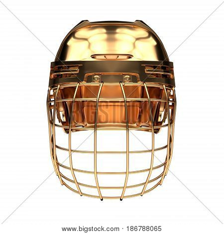 Golden Ice Hockey Helmet. Front view. Competition equipment. Template 3D render illustration. Isolated on a white background.