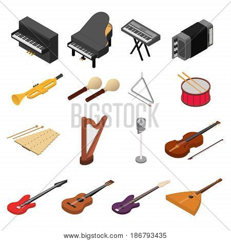 Music Instruments Color Icons Set Isometric View Rock, Jazz and Classic Sound. Vector illustration