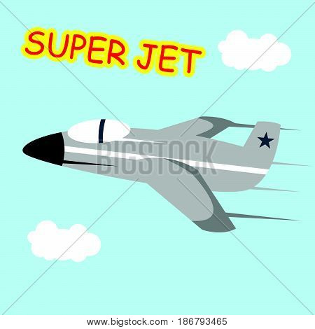 Super flying jet plane for child and kid cartoon illustration flat