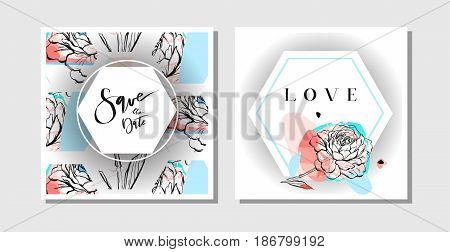 Hand drawn vector abstract creative collage freehand textured save the date greeting cards collection set template with flowers isolated on white background.Wedding, save the date, birthday, rsvp