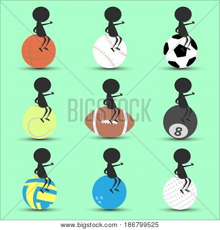Black man character cartoon sit on sport balls with green background. Flat graphic. logo design. sports cartoon. vector. illustration.