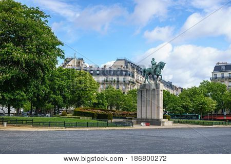 Paris France - May 1 2017: Bronze equestrian statue of Marechal Ferdinand Foch at Trocadero with blue sky cloud day background on May 1 2017 in Paris France.