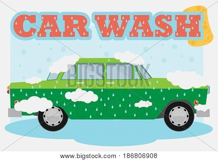 Flat vector green old car wash background