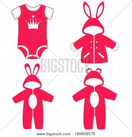 Romper suit. Rompers with ears. Rompersbunny bear. For girls. Set. Collection. Vector illustration.