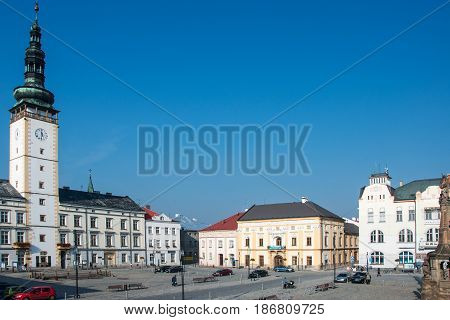 LITOVEL, CZECH REPUBLIC -NOVEMBER 14, 2015: View of the square in Litovel, left city hall with clock tower, Czech Republic