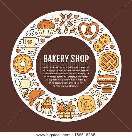 Bakery, confectionery poster template. Vector food line icons, illustration of sweets, pretzel, croissant, muffin, pastry cupcake, pie, mill. Bread house products colored banner with place for text.