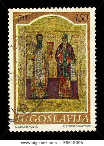 Yugoslavia - CIRCA 1968: A stamp printed in Yugoslavia shows medieval icon St Sava and St Simeon, was a serbian princes and orthodox monks, first Archbishop of the autocephalous Serbian Church, circa 1968