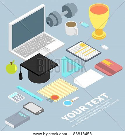 graduation cap diploma school accessories certificate colorful flat style vector illustration