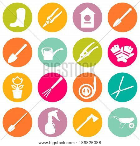 Vector icons of various gardening items and garden tools in flat design