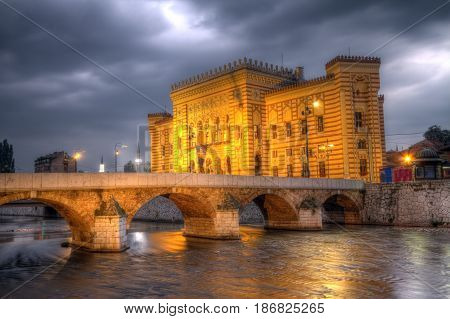 City hall, Vijecnica, in Sarajevo by night, Bosnia and Herzegovina, HDR