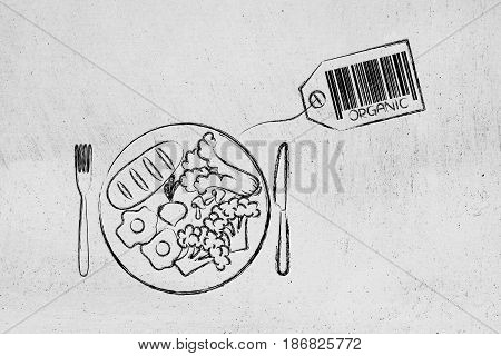 Vegetarian Dish With Mixed Ingredients And Organic Price Tag With Code Bar
