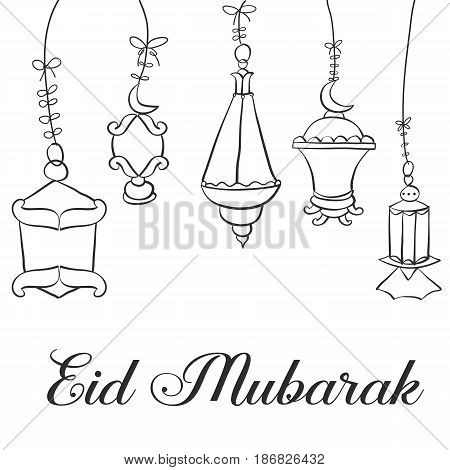 Eid Mubarak card with lantern hand draw illustration