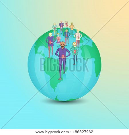 Multicultural People with Smartphones Walking on the Globe as a Concept of Mobile Technology Wide Spreading. Vector EPS10