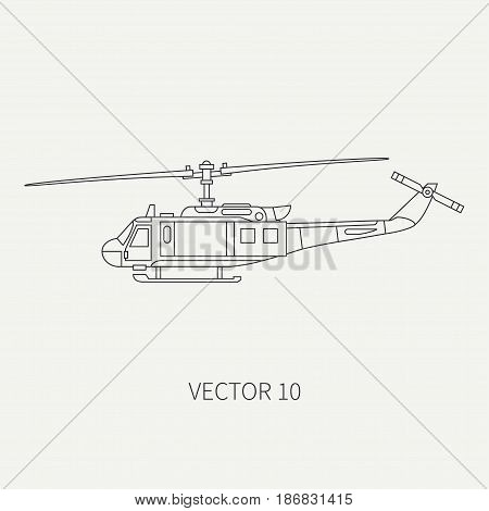 Line flat vector icon military turboprop transportation helicopter. Army equipment and armament. Retro copter. Aircraft. Cartoon. Assault. Soldiers. War. Illustration and element for design, wallpaper