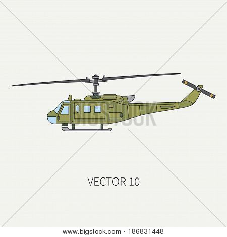Line flat color vector icon military turboprop transportation helicopter. Army equipment and armament. Retro copter. Cartoon. Assault. Soldiers. War. Illustration and element for design, wallpaper.