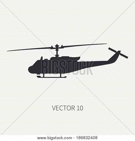Silhouette. Line flat vector icon military turboprop transportation helicopter. Army equipment and armament. Retro copter. Cartoon. Assault. Soldiers. Illustration and element for design, wallpaper.